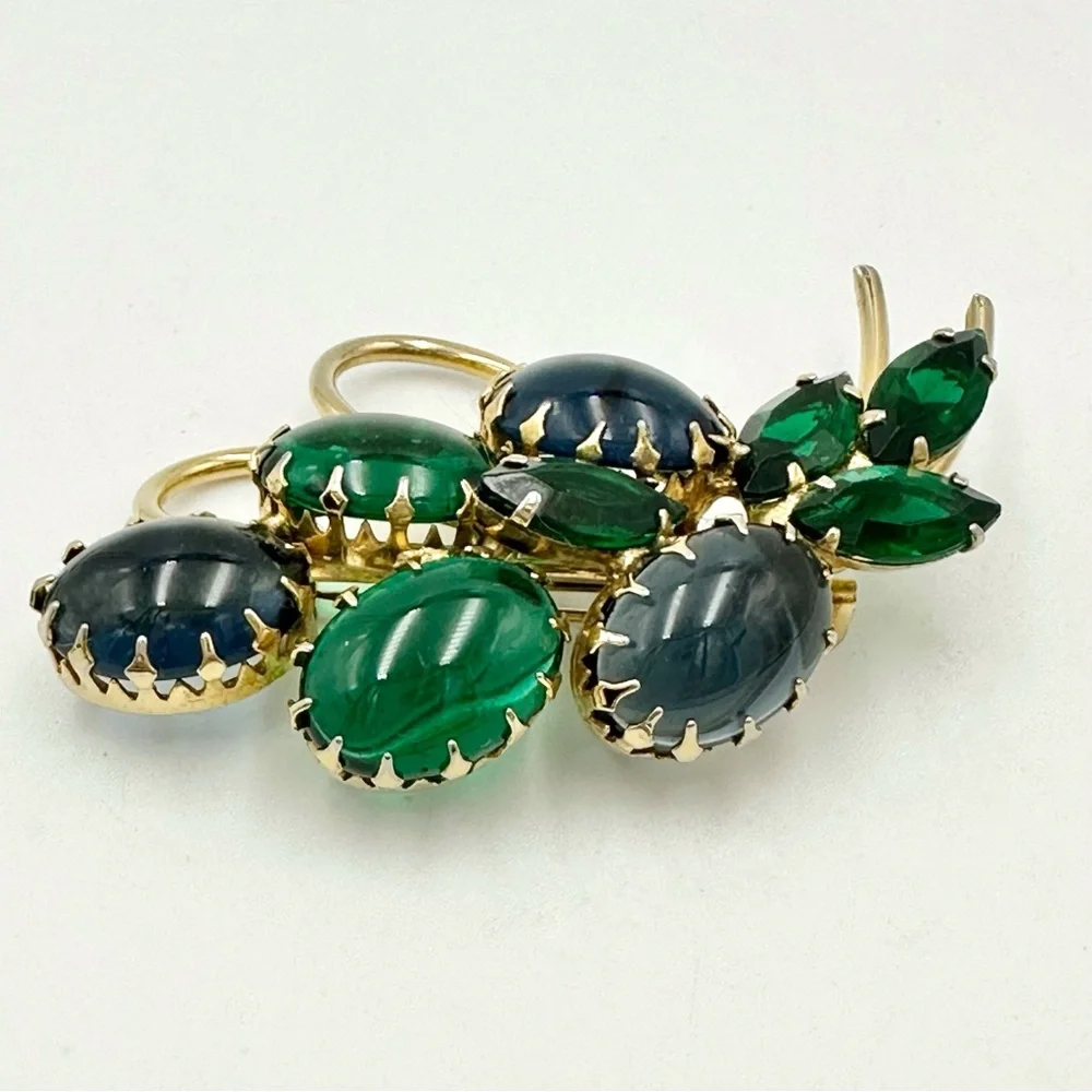 Vintage Weiss Blue and Green Cabochon Bouquet Brooch Signed